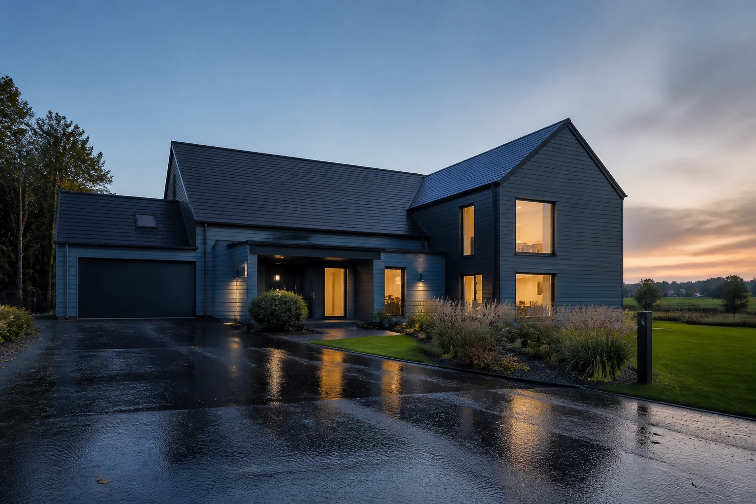 Maison contemporaine aux lignes sobres, photographiée à l’heure bleue après la pluie.